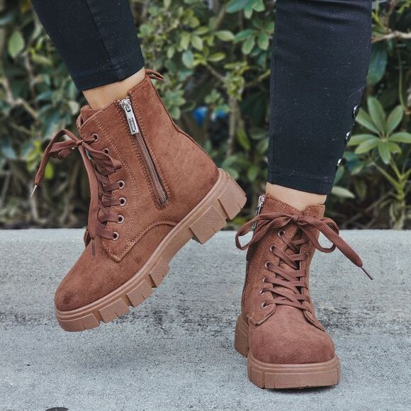 Womens Suede Brown Combat Ankle Boots Lace Up Heeled - Picture 3 of 6